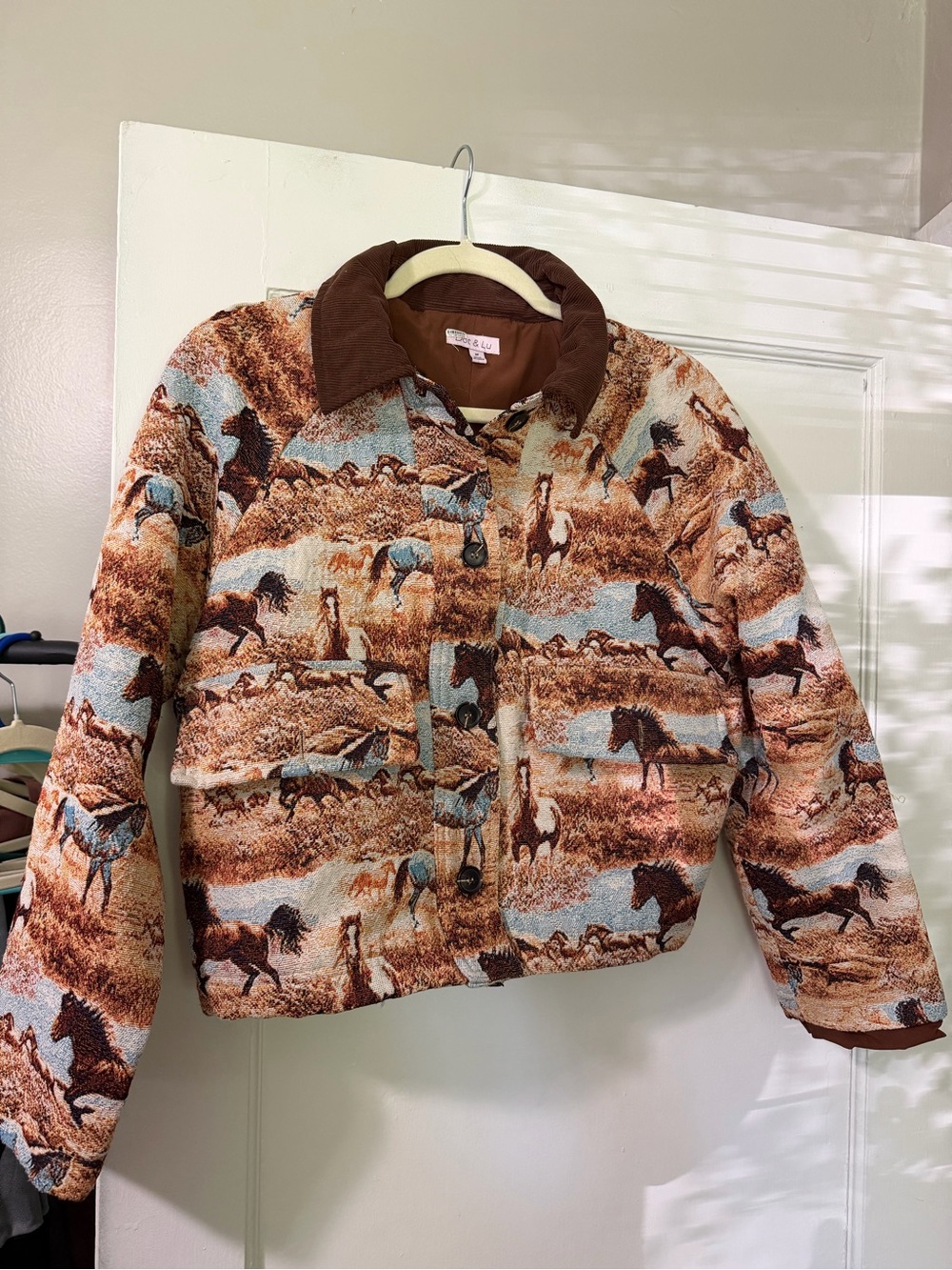 Women's Horse-Print Quilted Bomber Jacket in Brown & Cream
